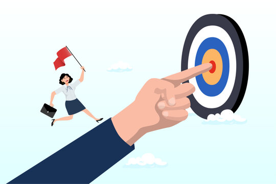 Businesswoman run on hand pointing toward target, goal oriented, setting goal and focus on target and aim to achieve success, work toward mission target, motivation and anticipation to win (Vector)
