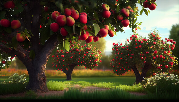 Garden apple trees with juicy, red apples that are ready for picking, apples on a tree, Ai generated image 