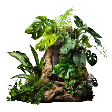 Rainforest tree trunk with tropical foliage plants, Monstera, golden pothos vines ivy, bird's nest fern