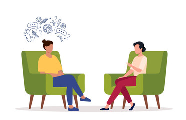 Female psychotherapist has an Individual session with her patient. Talk therapy concept. Vector illustration.