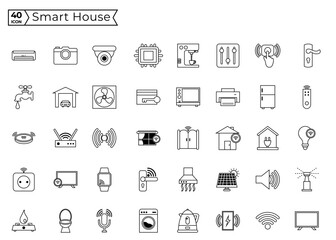 Collection of smart house trendy icons - control of lighting, heating, air conditioning. Set of home automation and remote monitoring symbols drawn with thin contour lines. Vector illustration