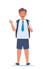 Portrait of happy school boy with backpack. Boy kid. Back to school. Vector illustration.