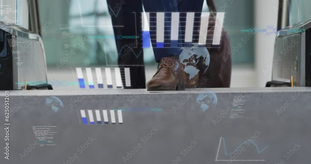 Poster animation of statistics and data processing over diverse business people in office