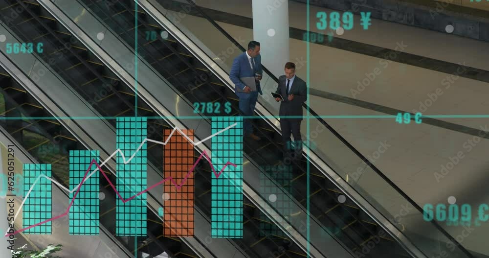 Poster animation of statistics and data processing over diverse business people in office