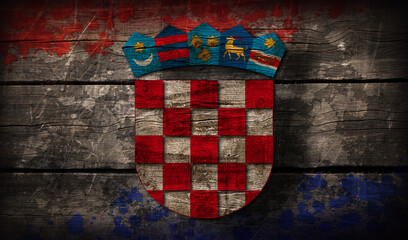 Abstract vintage croatian flag and crest on weathered wood boards - obrazy, fototapety, plakaty