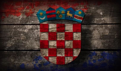 Fotobehang Abstract vintage croatian flag and crest on weathered wood boards © Josip