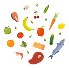 Fresh healthy products. Organic food from the farm. Vegetables, meat, fish and fruits. Vector illustration.