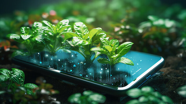 Plants emerging from the smartphone screen. Ecology concept. Digital smart farming concept