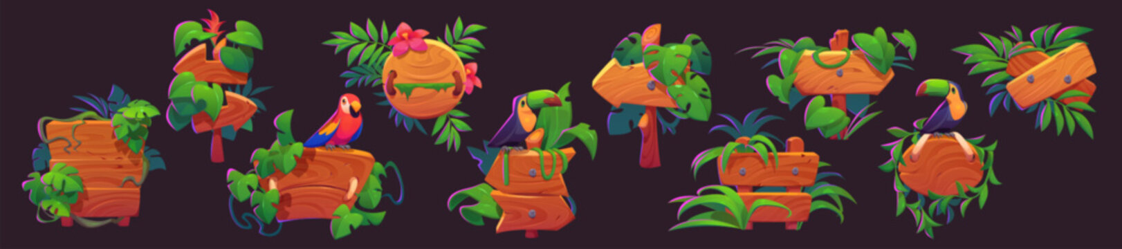 Wood jungle game sign board with flower and parrot vector cartoon set. Forest ui signboard frame icon with tropical design. Wooden texture summer plaque for welcome menu tropic comic interface.