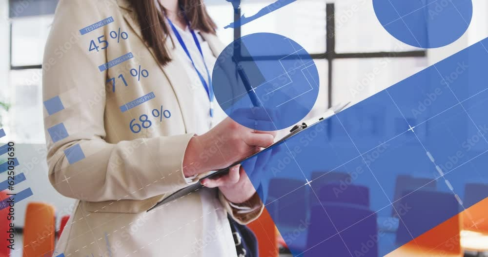 Poster animation of statistics and data and caucasian businesswoman using notebook in office