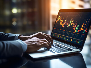 Businessman working on computer with graphs and charts showing on screen