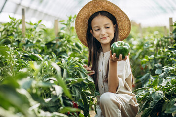 Girl with green bell pepper in greenhouse