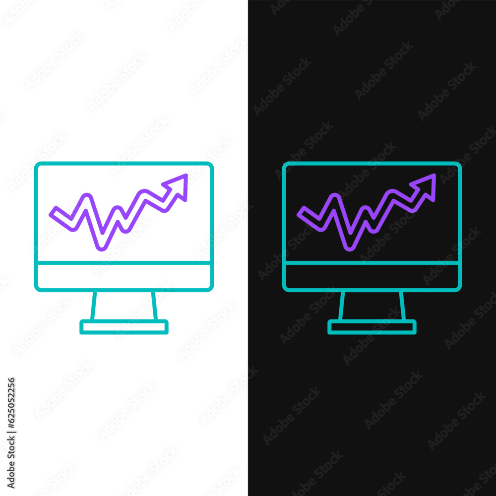 Poster line computer monitor with graph chart icon isolated on white and black background. report text file