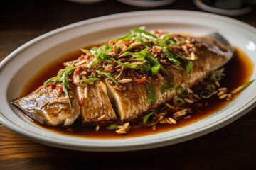 Braised Fish in Brown Sauce garnished with scallions and sesame seeds on a white plate