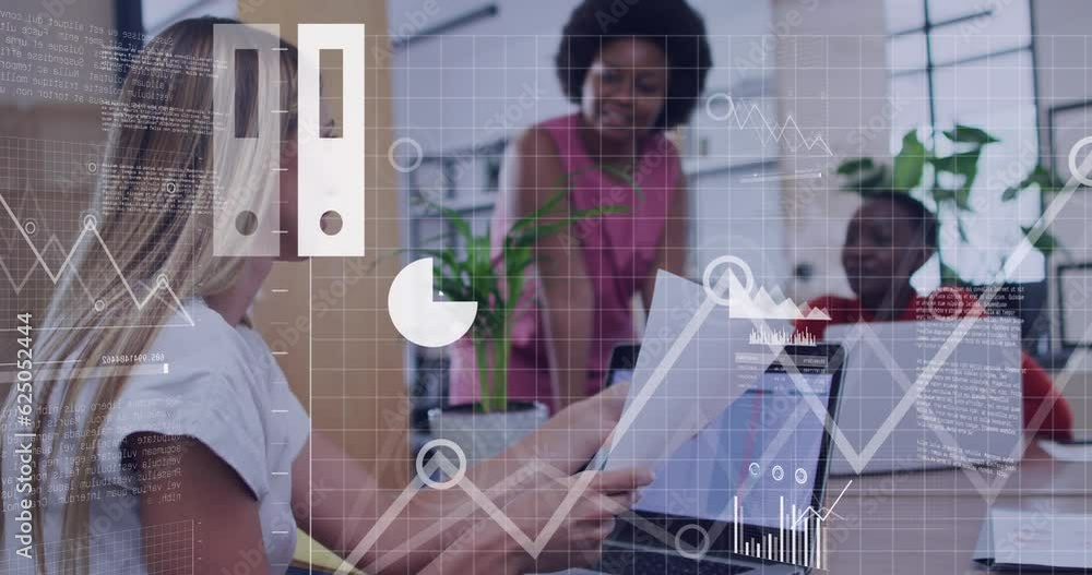 Poster animation of statistics and data processing over diverse business people in office