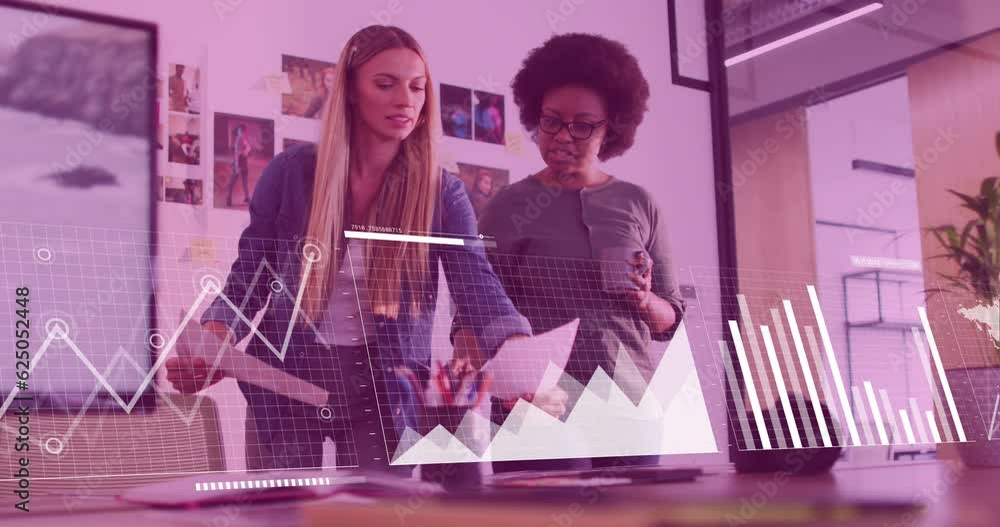 Poster animation of statistics and data processing over diverse business people in office