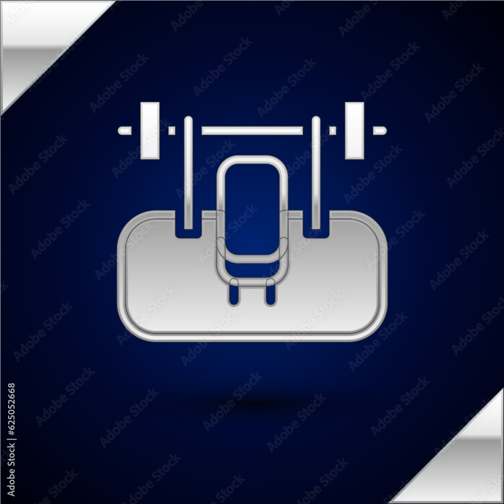 Sticker Silver Bench with barbel icon isolated on dark blue background. Gym equipment. Bodybuilding, powerlifting, fitness concept. Vector