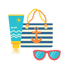 Beach set for summer trips. Sun cream, bag, sunglasses.