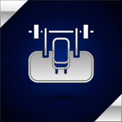 Silver Bench with barbel icon isolated on dark blue background. Gym equipment. Bodybuilding, powerlifting, fitness concept. Vector