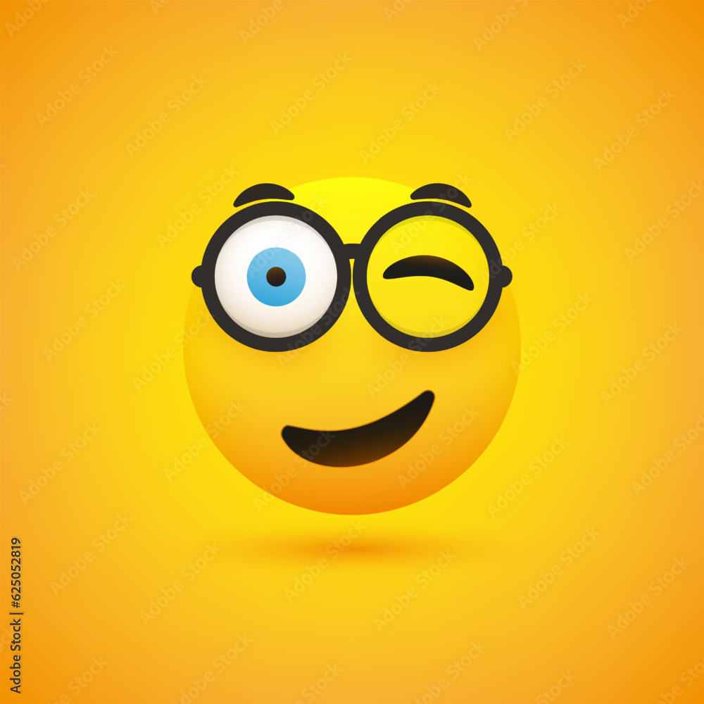 Poster smiling and winking emoji with glasses - simple shiny happy emoticon on yellow background - vector d