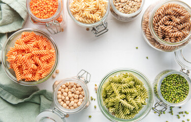 A variety of fusilli pasta from different types of legumes. Gluten-free pasta.