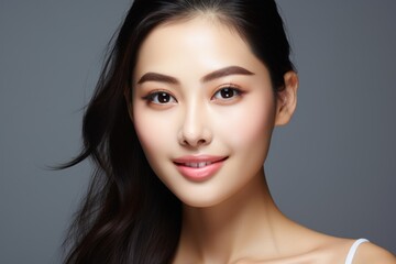 Fototapeta premium beautiful Asian women use Facial for fresh skin, feeling fresh and clean, beautiful, and isolated on gray background