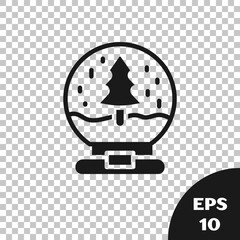 Black Christmas snow globe with fallen snow and christmas tree icon isolated on transparent background. Merry Christmas and Happy New Year. Vector