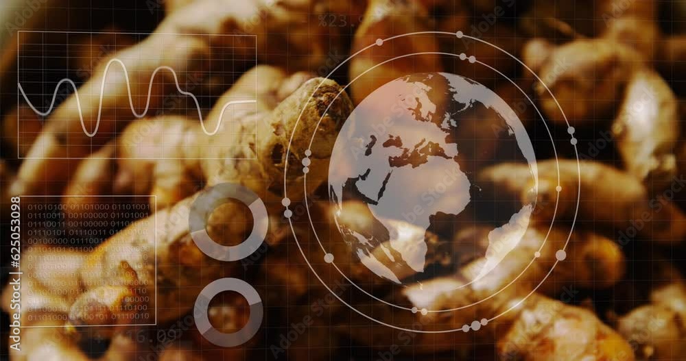 Poster animation of statistics and data processing and globe over vegetables in shop