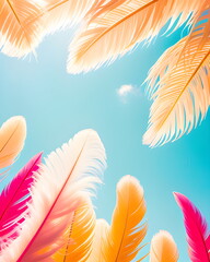 Fototapeta na wymiar Colorful feathers on blue sky background with white clouds. Generative AI