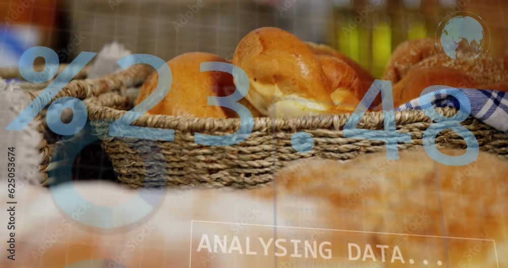 Poster animation of statistics and data processing over bread in baskets in food shop