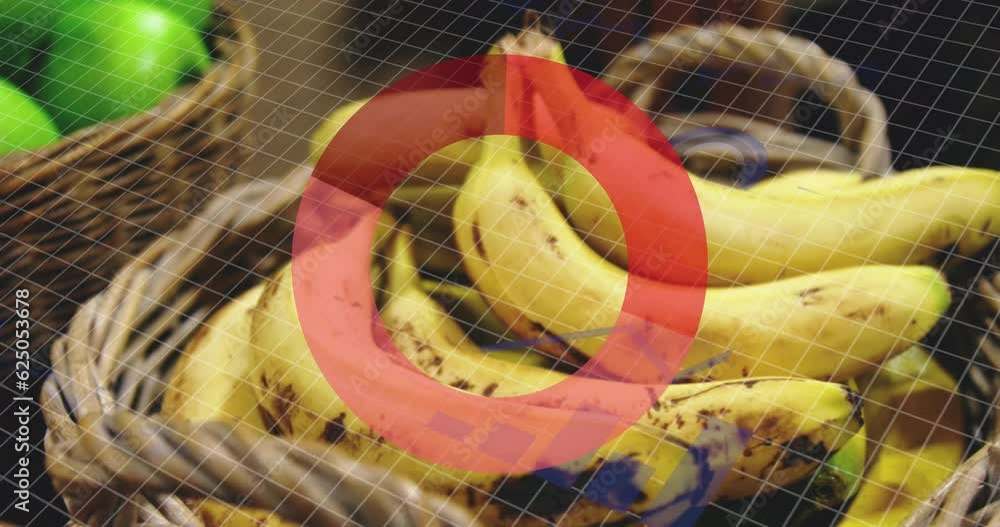 Poster animation of statistics and data processing over fruit in baskets in food shop