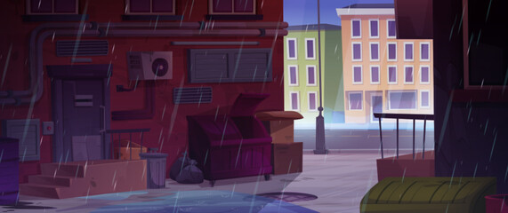 Rain on city alley back street cartoon vector background. Rainy neighborhood ghetto with door, trash and door. Empty alleyway illustration with storm, water puddle and falling droplet near dumpster. - obrazy, fototapety, plakaty