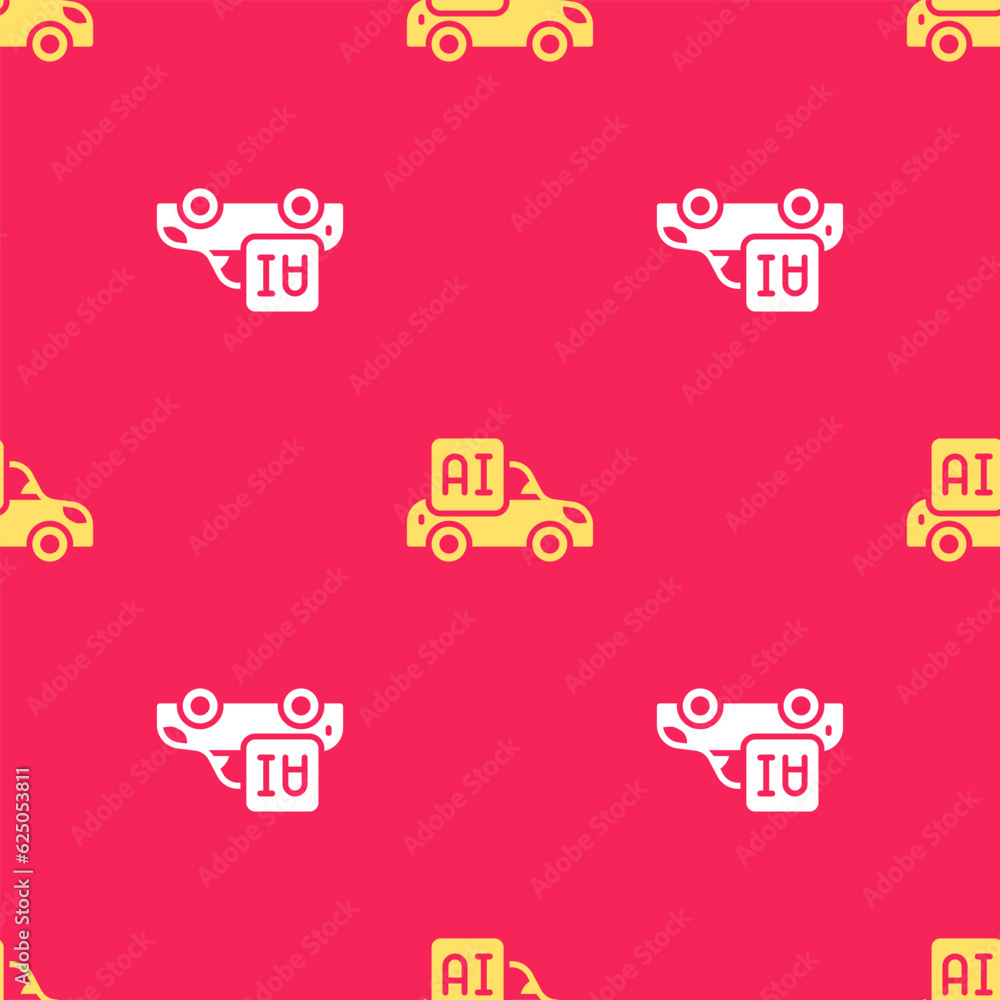Poster yellow autonomous artificial intelligence smart car icon isolated seamless pattern on red background