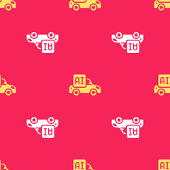 Yellow Autonomous artificial Intelligence smart car icon isolated seamless pattern on red background. Vector
