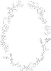 シンプルな線画のお花と植物の楕円フレーム