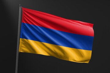 Obraz premium 3d illustration flag of Armenia. Armenia flag waving isolated on black background. flag frame with empty space for your text.