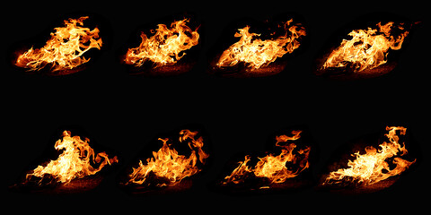 8 pictures of beautiful lights, heat energy burning fuel in each fire period on a black background