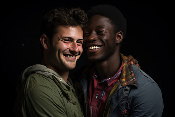 Obraz premium Two man gay couple hugging on sofa at home