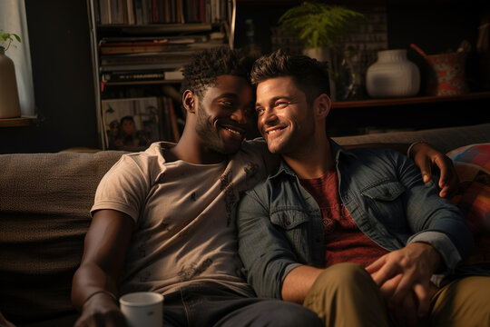 Two man gay couple hugging on sofa at home
