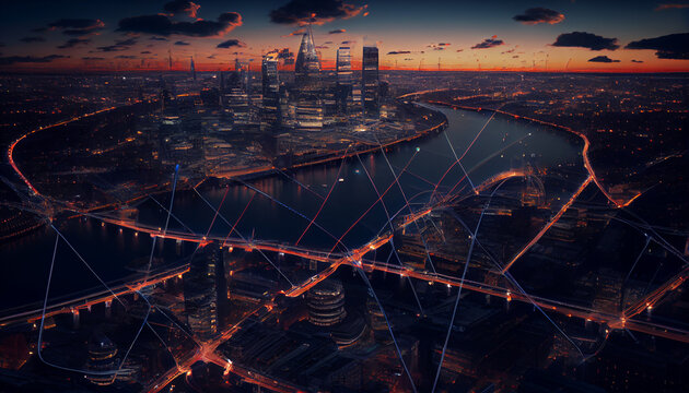 View of the city London's financial district, cityscape, and surroundings network connections for large data Ai generated image