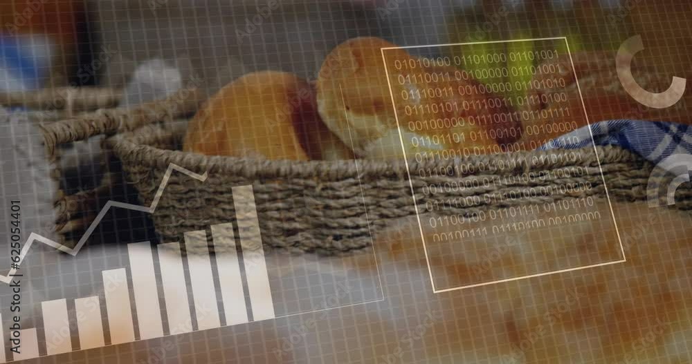 Poster animation of statistics and data processing over bread in baskets in food shop