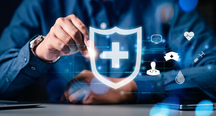 business, shield, insurance, protection, security, safety, assurance, wealth, life assurance, finance. businessman use pen drawing shield hud. the importance of insurance in the digital age.