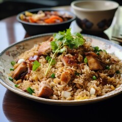 Cantonese Salted Fish and Chicken Fried Rice, focusing on the variety of ingredients and garnishes