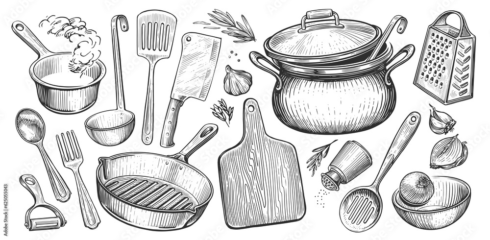 Wall mural cooking concept. kitchen utensils set in vintage engraving style. sketch illustration