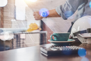 blueprint, technology, iot, plan, architect, project, engineer, construction, smart home, architecture. engineer's blueprint inspection for construction development guided by blueprint room hud.