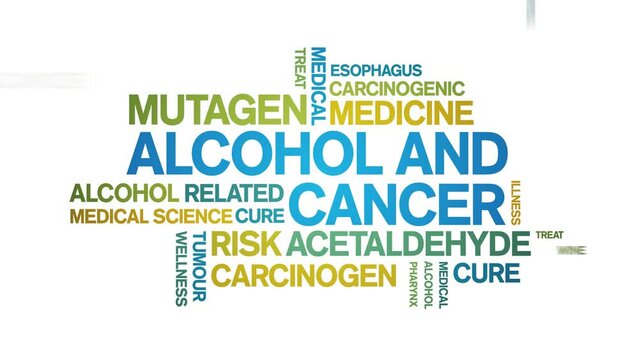 Alcohol and Cancer animated tag word cloud;text design animation kinetic typography seamless loop.