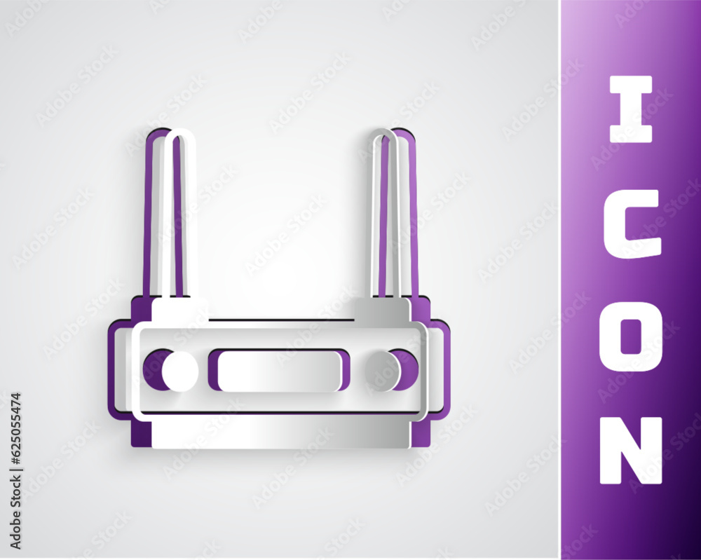 Poster paper cut router and wi-fi signal icon isolated on grey background. wireless ethernet modem router. 