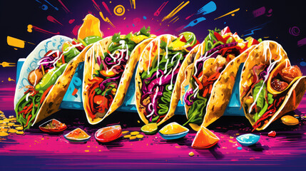 Capture the vibrancy and flavor of gourmet tacos, featuring a variety of fillings, colorful salsas, and handmade tortillas. AI generative