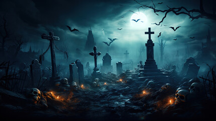 Scary pumpkins in spooky scary dark night, full moon, mystical fog. Halloween banner background.
