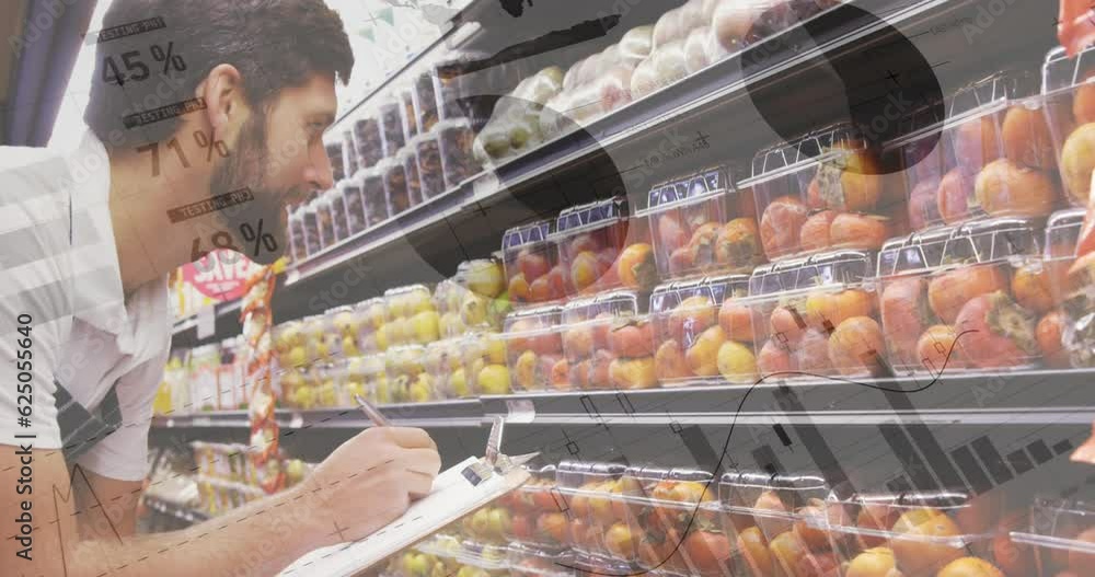 Aufkleber animation of statistics data processing over caucasian man working in supermarket